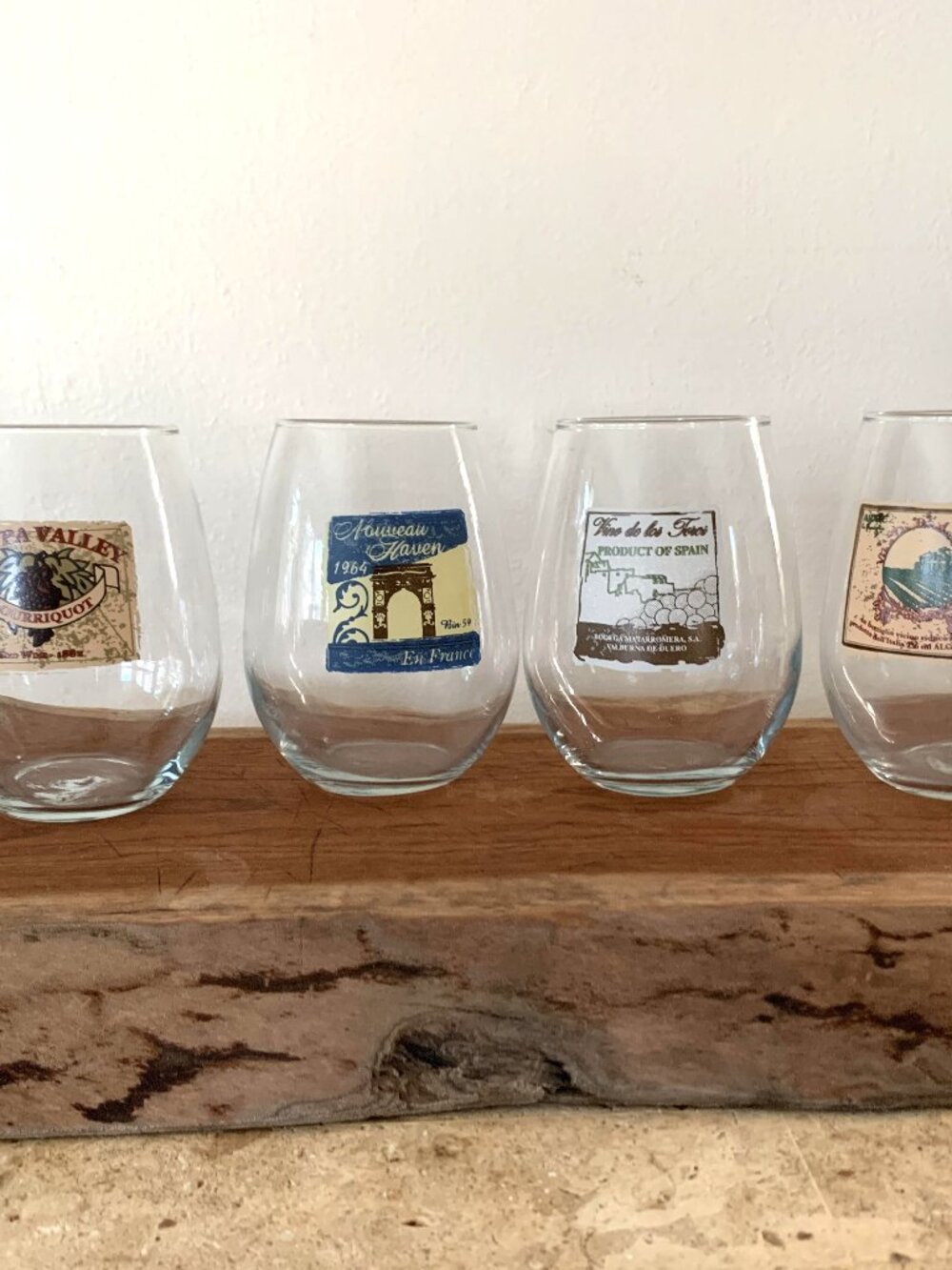 Set of 4 Stemless Wine Glasses | Vineyard & Wine Label Designs | Hand-Blown Styl